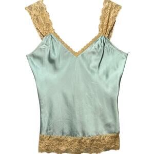 Heart Moon Star Lace Edge V-Neck & Straps 100% Silk Camisole Women L Aqua Tan
